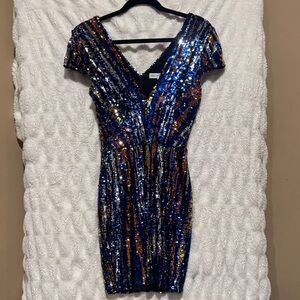 Dress the Population Blue and Gold Sequin Mini Dress